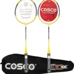 “Two yellow Cosco CZ 50 badminton rackets (twin pack) strung and placed next to a black Cosco-branded full cover, all set against a white background.”