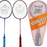 “Multicolor Cosco CB-80 badminton racket with isometric head and steel shaft, shown in full cover against a white background.”